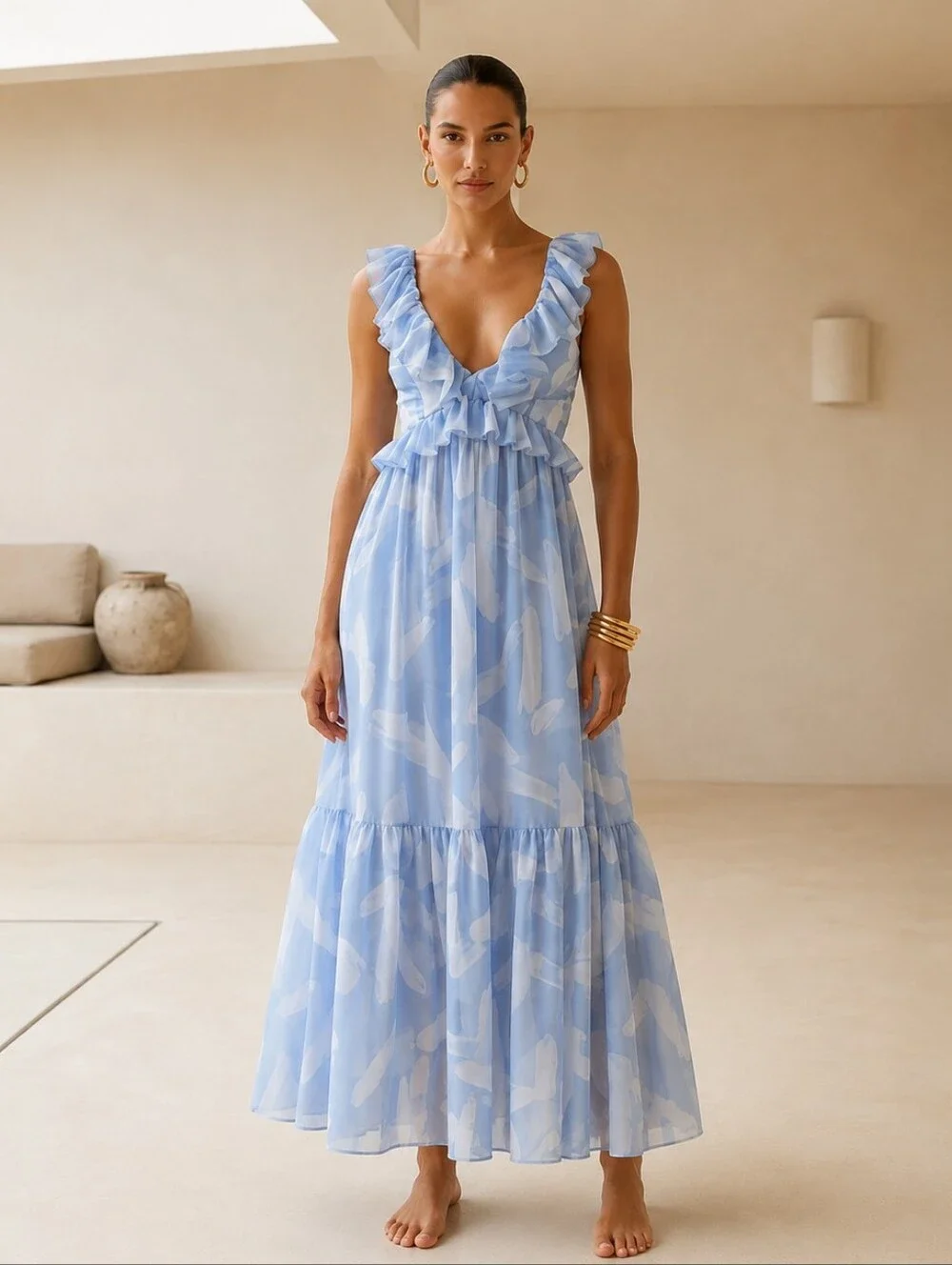 Abercrombie Fitch Powder Blue Ruffle Maxi Dress Size XS Tiered Romantic Flowy