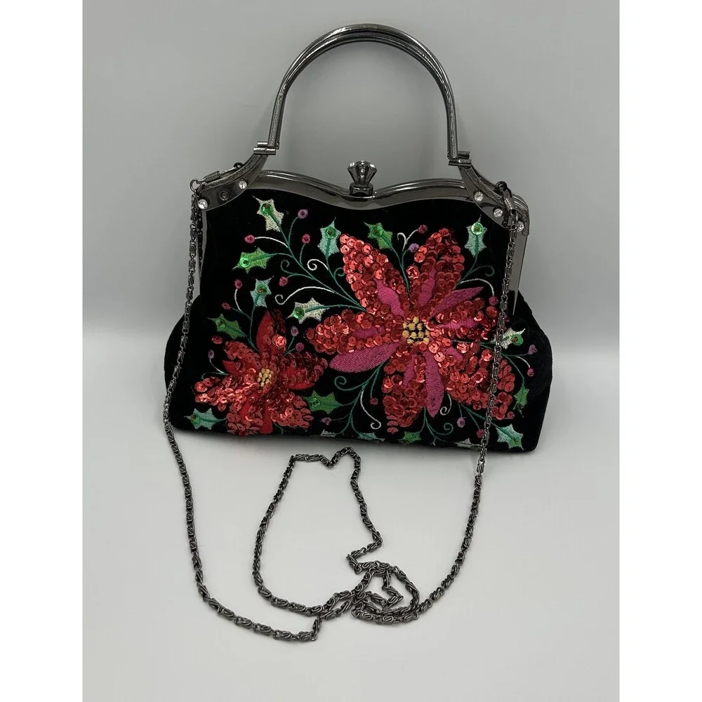 Vintage‎ VENDULA Purse Black Velvet Rhinestones Sequins Poinsettias