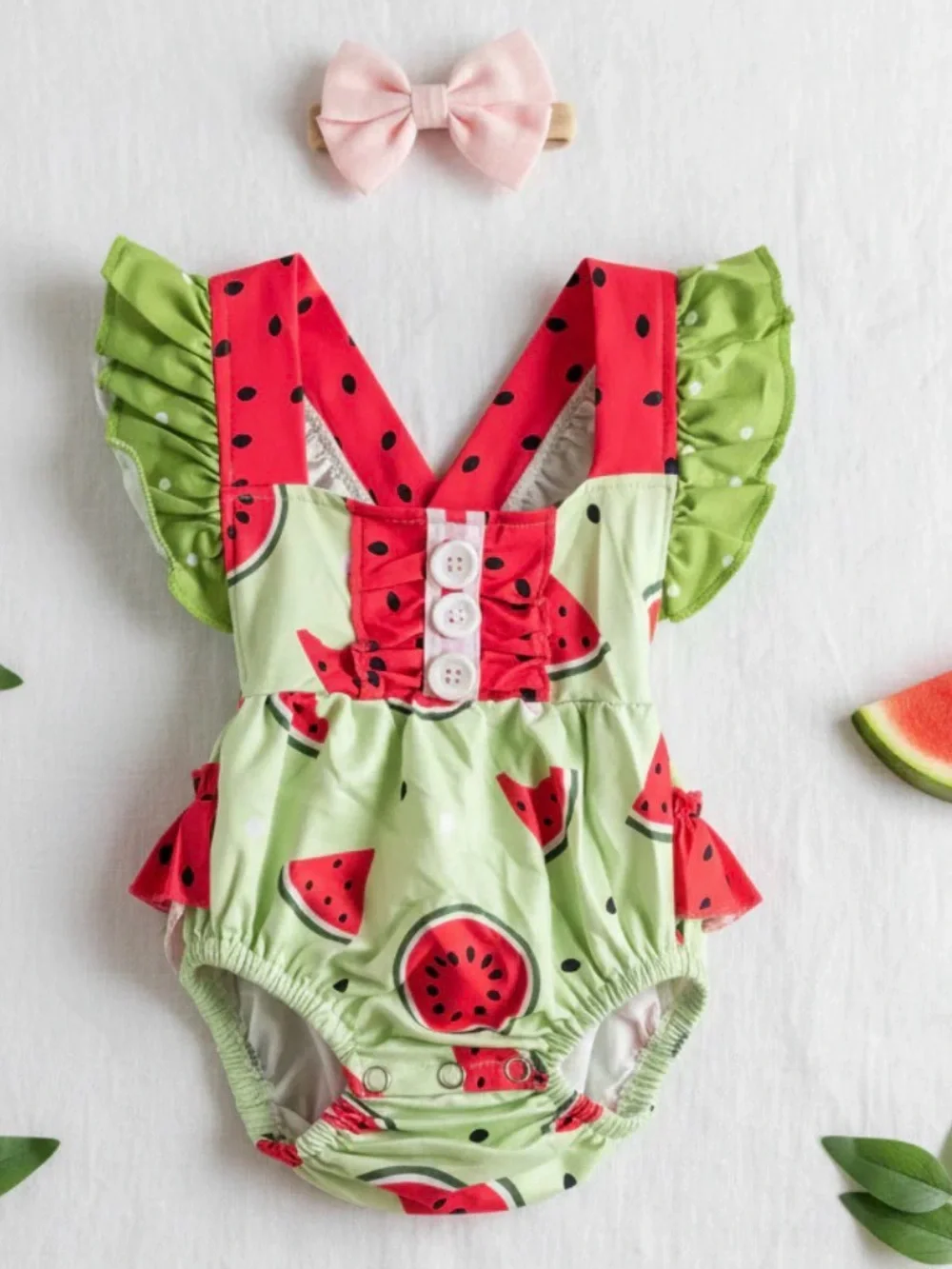 Watermelon Print Baby Romper with Ruffle Straps
