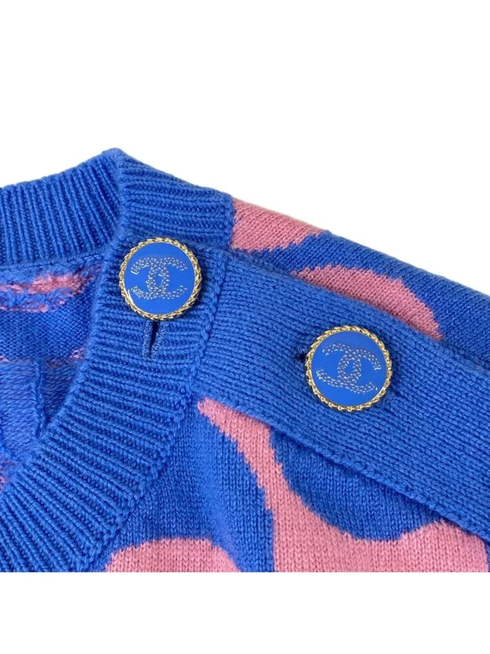 Chanel Long Sleeve Sweater 34 S Blue Pink Crew Neck CC Logo Knit Cashmere