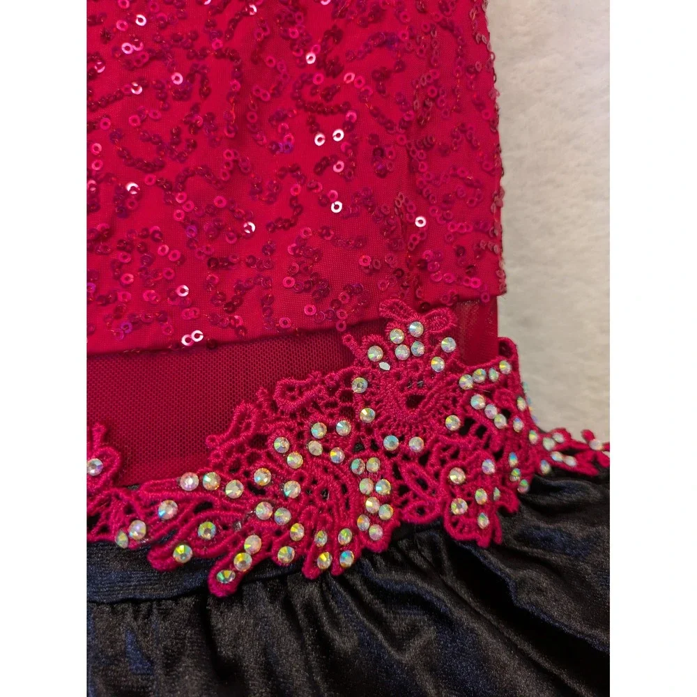Weissman Kids Red Black Sequin Dance Costume Leotard Dress IC Intermediate Child
