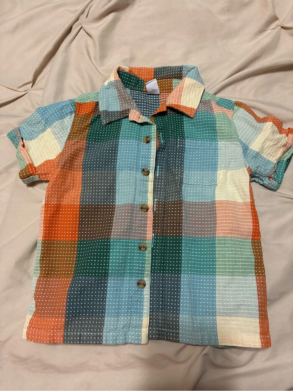 Old Navy Multicolor Patchwork Short-Sleeve Button-Down - Green Blue Orange Cream