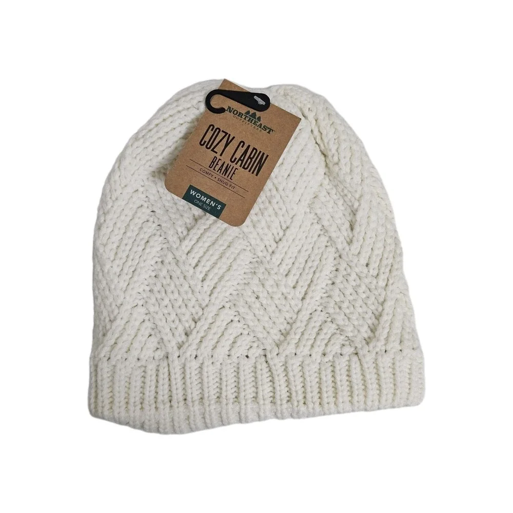 Northeast Outfitters Beanie White Cozy Cabin Diamond Weave Knit Fleece NWT