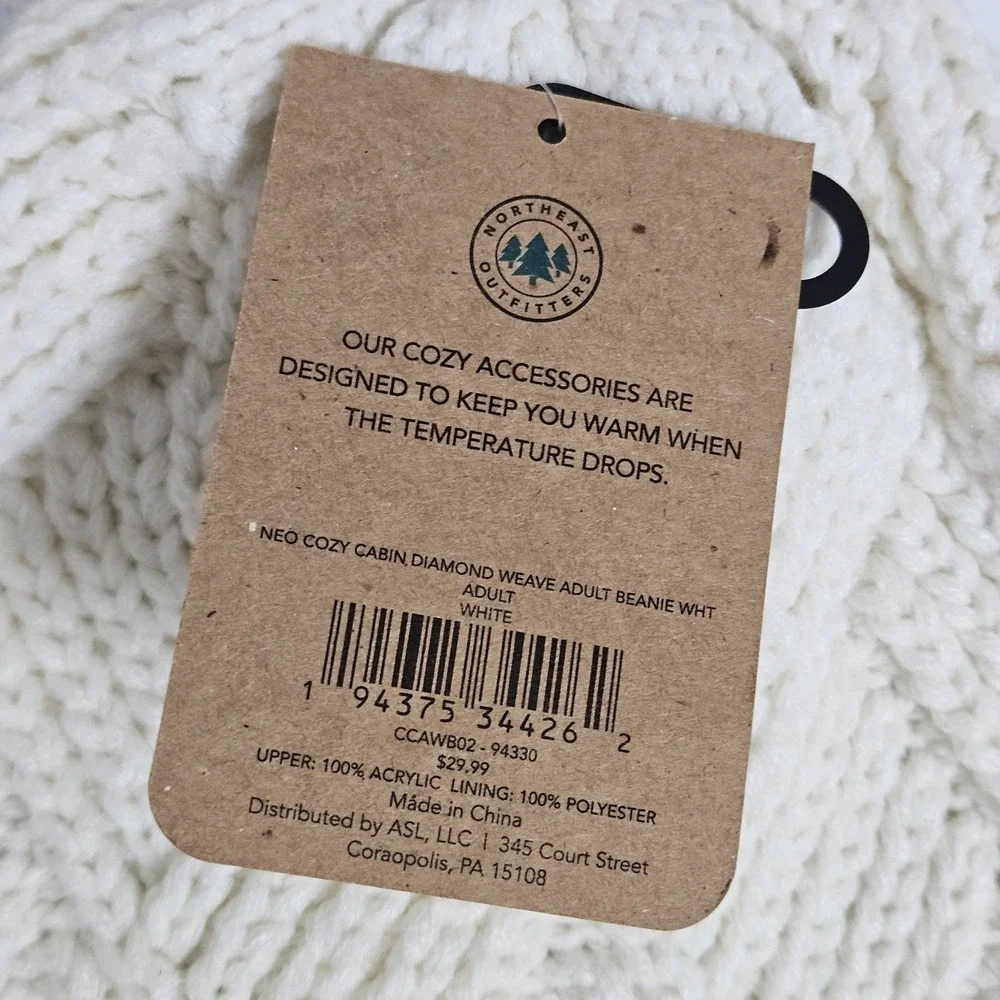 Northeast Outfitters Beanie White Cozy Cabin Diamond Weave Knit Fleece NWT