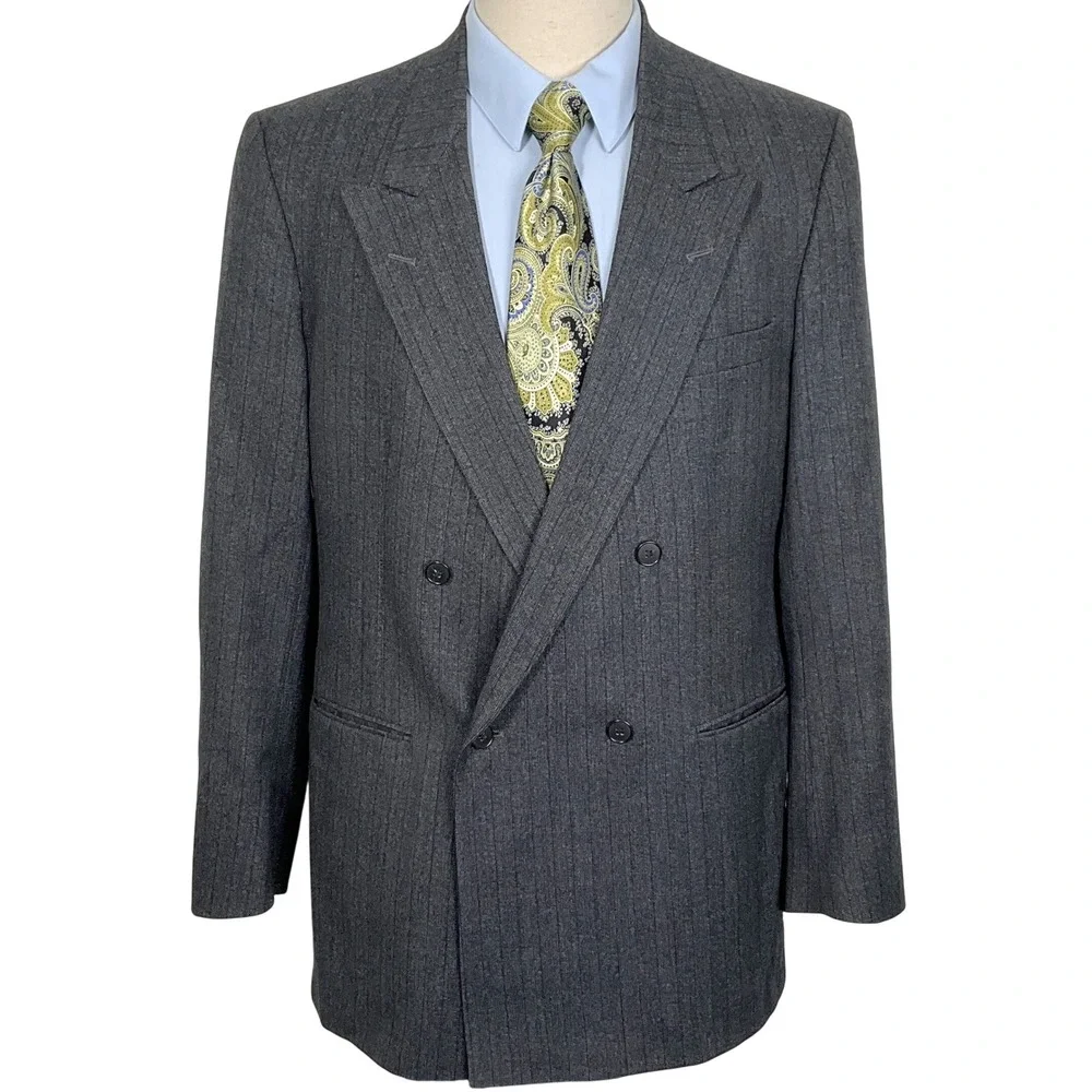 Fioravanti Blazer Men 42 Charcoal Gray Double Breasted Pinstripe Jacket‎ USA VTG