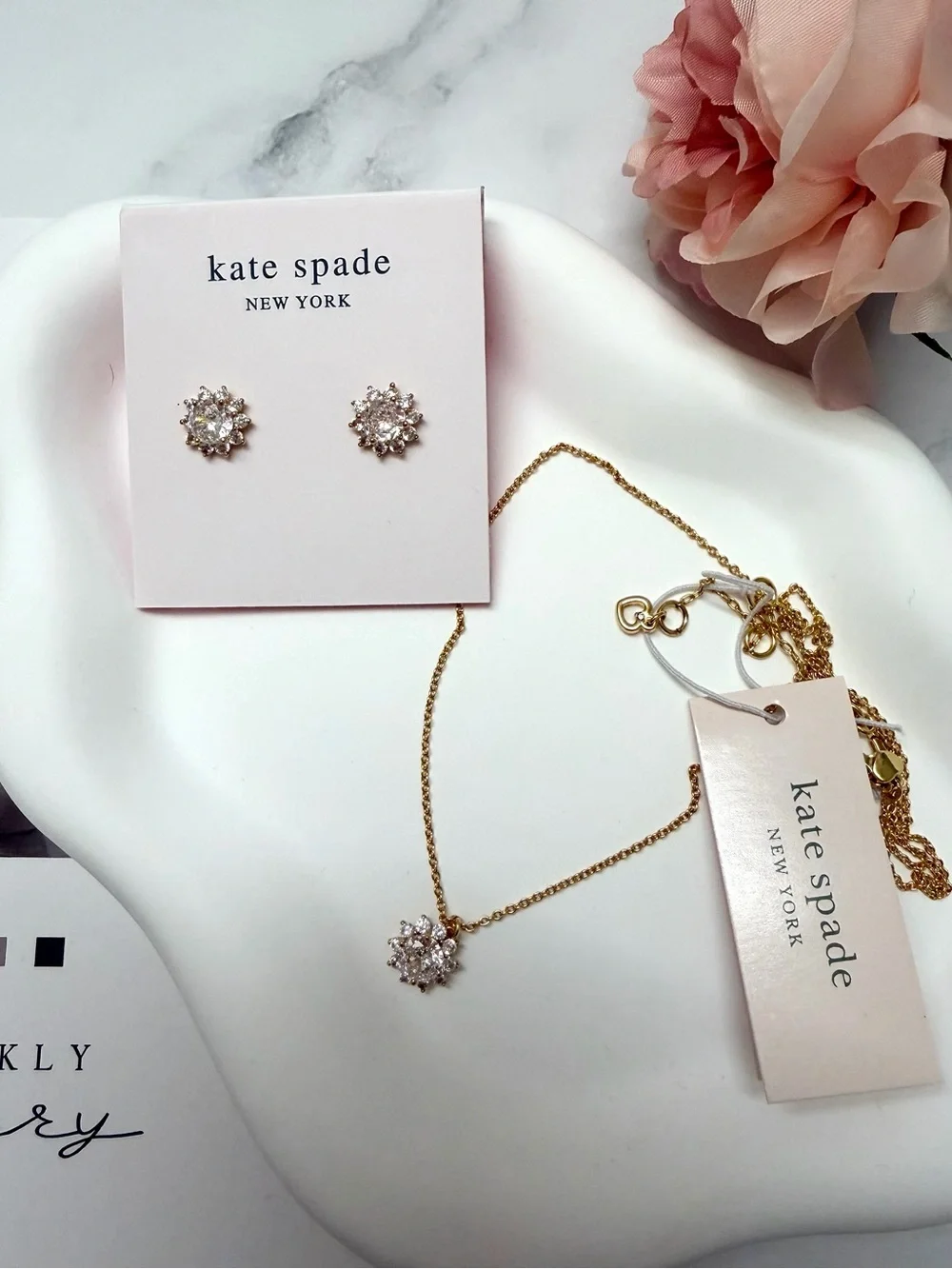 kate spade gold crystal floral necklace & stud earring set