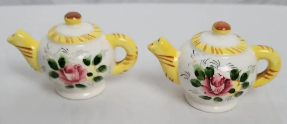 Vintage Ceramic Salt & Pepper Shakers Teapot with Floral Painting and Stripes