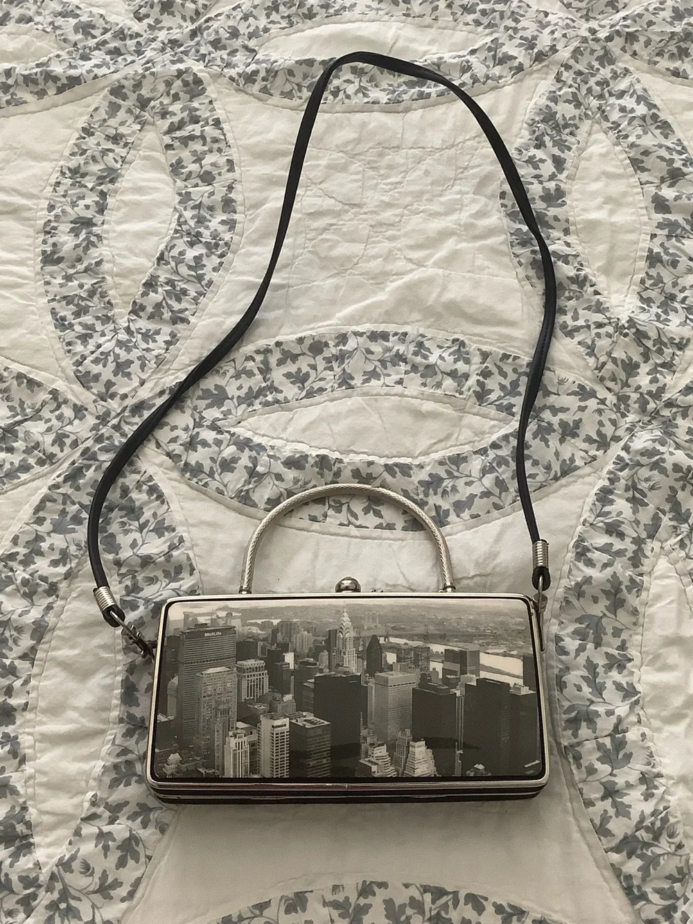 Monochrome Cityscape Clutch with Detachable Strap - Black/Gray