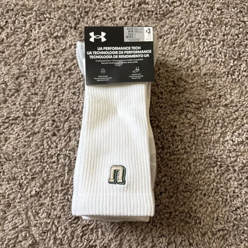 Under Armour 1379515 103 Unisex UA Performance Tech White U Crew Socks 3-Pack