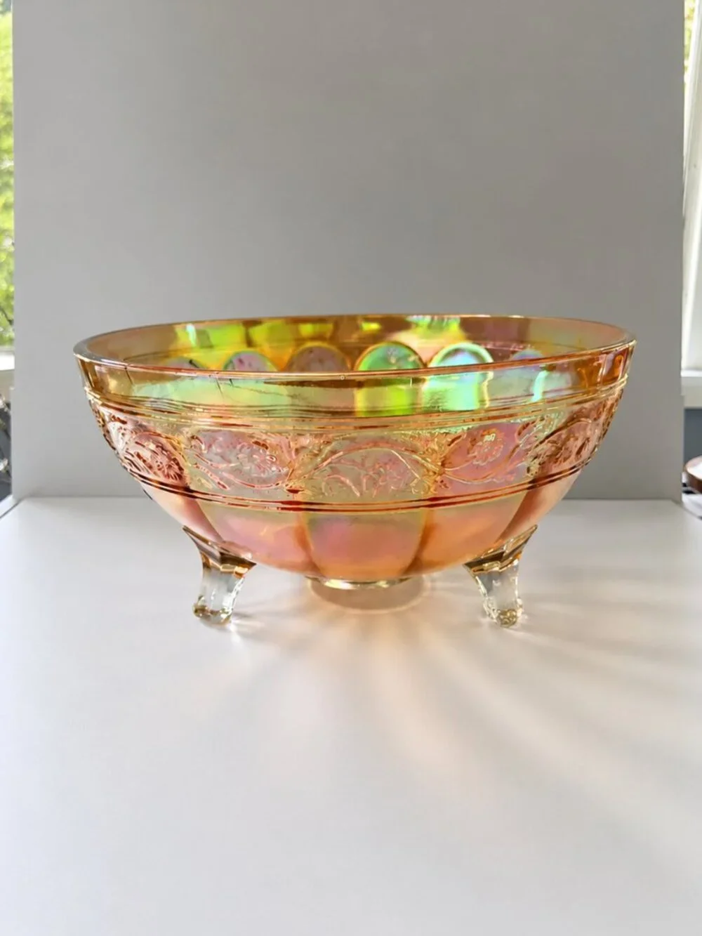 Vintage Iridescent Carnival Glass Footed Serving Bowl | Embossed Floral Design