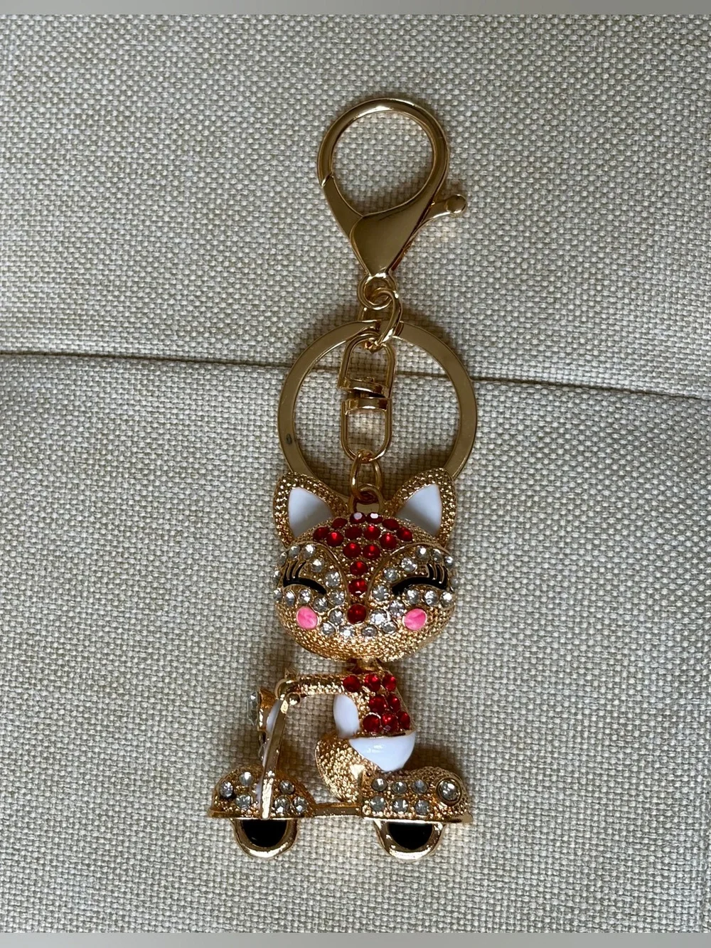 Gold-tone Crystal Cat Keychain Charm