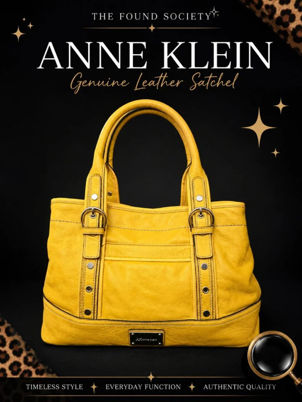 Anne Klein Genuine Leather Yellow Satchel Top Handle Handbag Silver Hardware