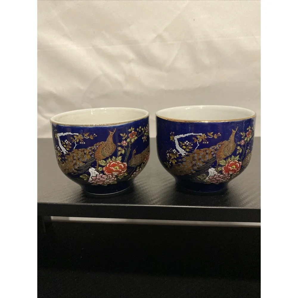 Set Of 2 Japanese Blue Porcelain Peacock Tea Cups