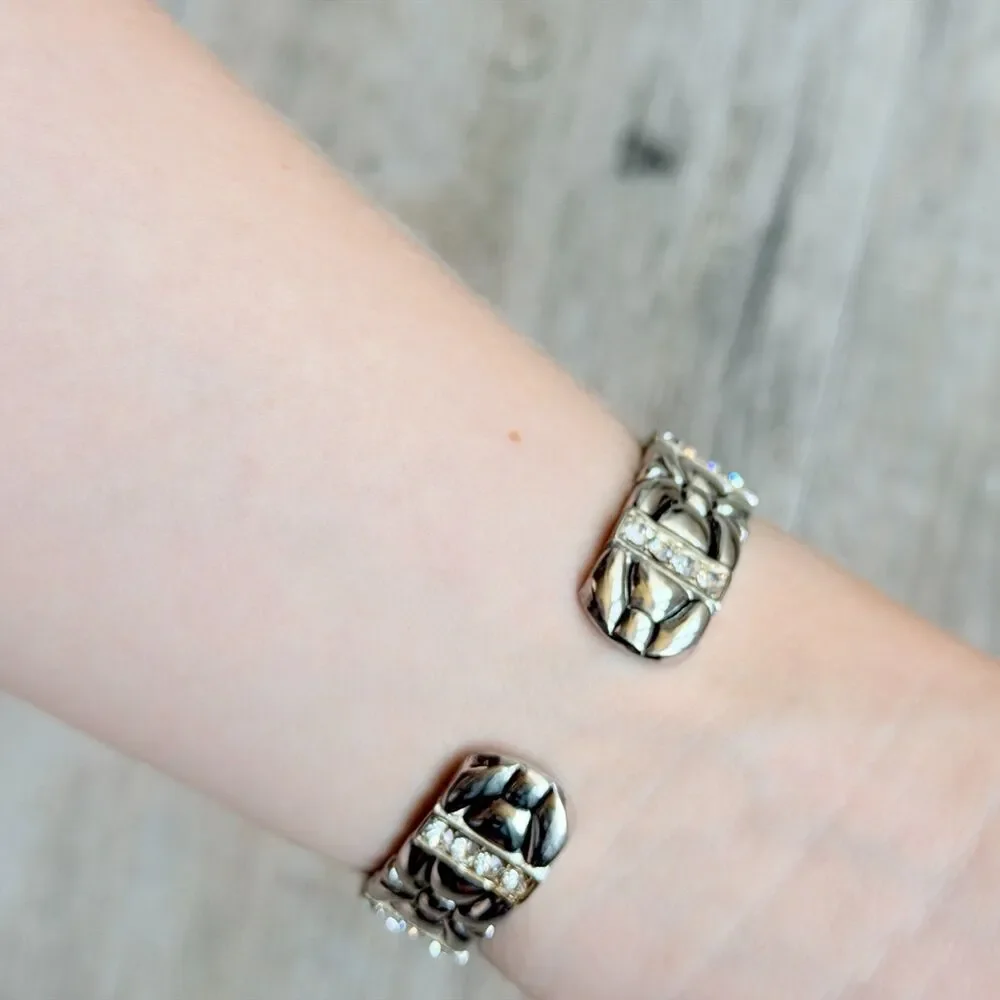 Vintage Silver Tone Cuff Bracelet Watch Floral Stretch Bangle Quartz Antique