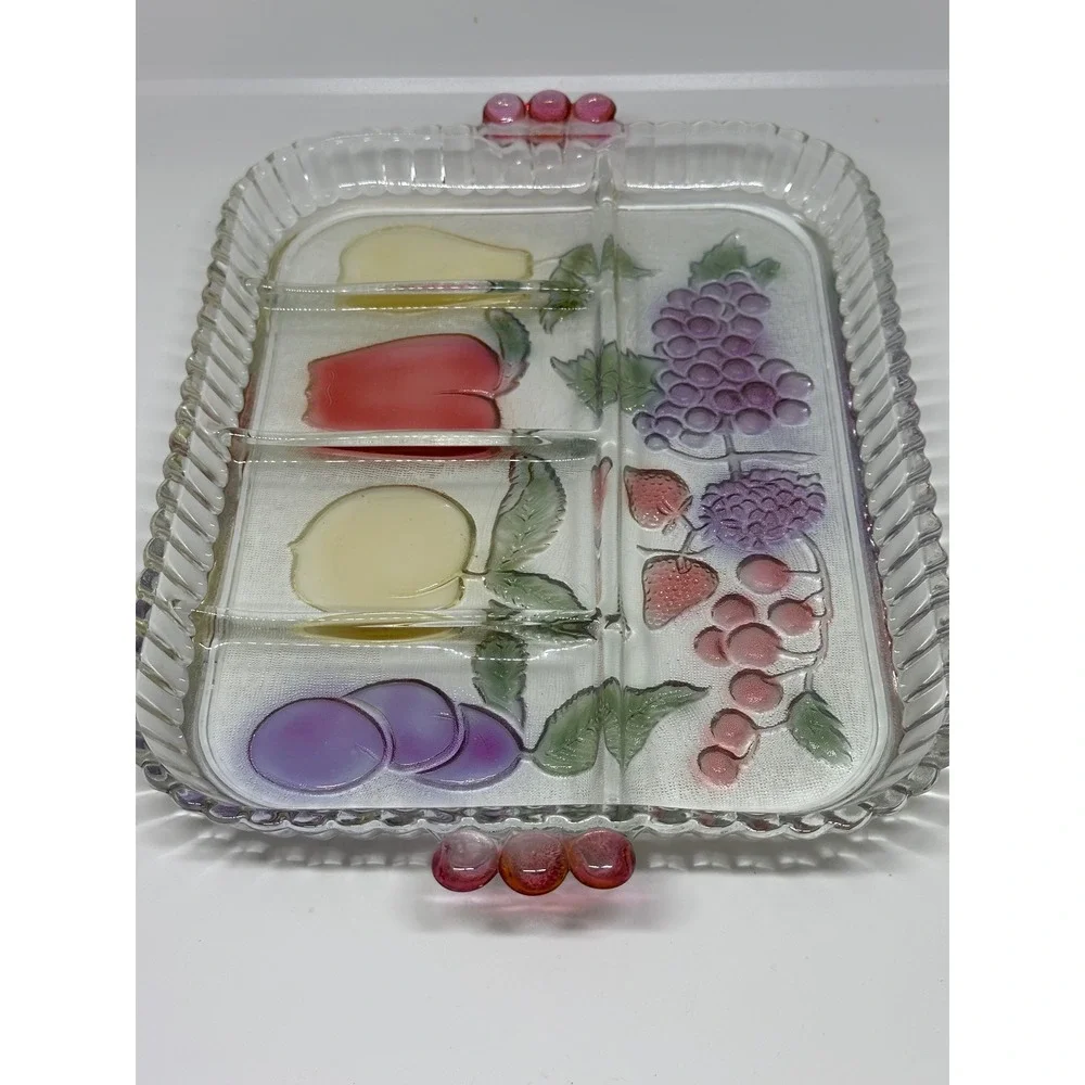 VTG Indiana Glass Rainbow Mist 5 Part Relish Tray Fruit Frosted Clear Platter