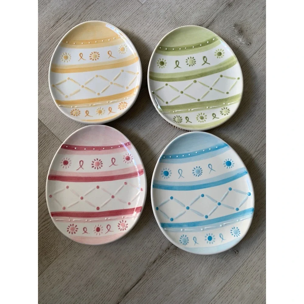 Pottery Barn Easter Egg Plates Set of 4 Pastel Stoneware Appetizer Spring Decor‎