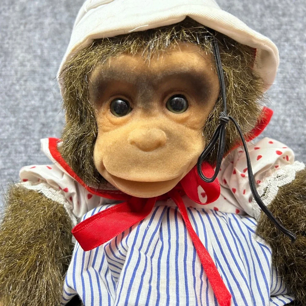 Vintage Plush Monkey Doll Brown Faux Fur White Hat Heart Blue Striped Outfit