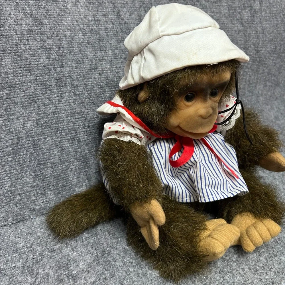 Vintage Plush Monkey Doll Brown Faux Fur White Hat Heart Blue Striped Outfit