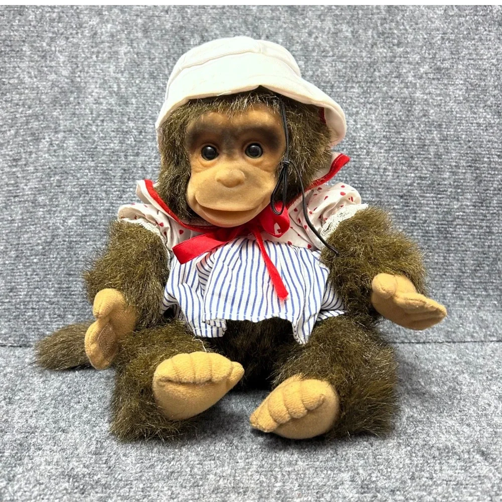 Vintage Plush Monkey Doll Brown Faux Fur White Hat Heart Blue Striped Outfit