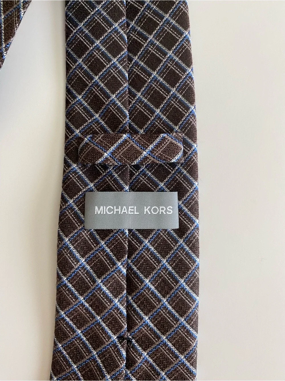 Michael Kors Brown Plaid Tie with Light Blue Windowpane
