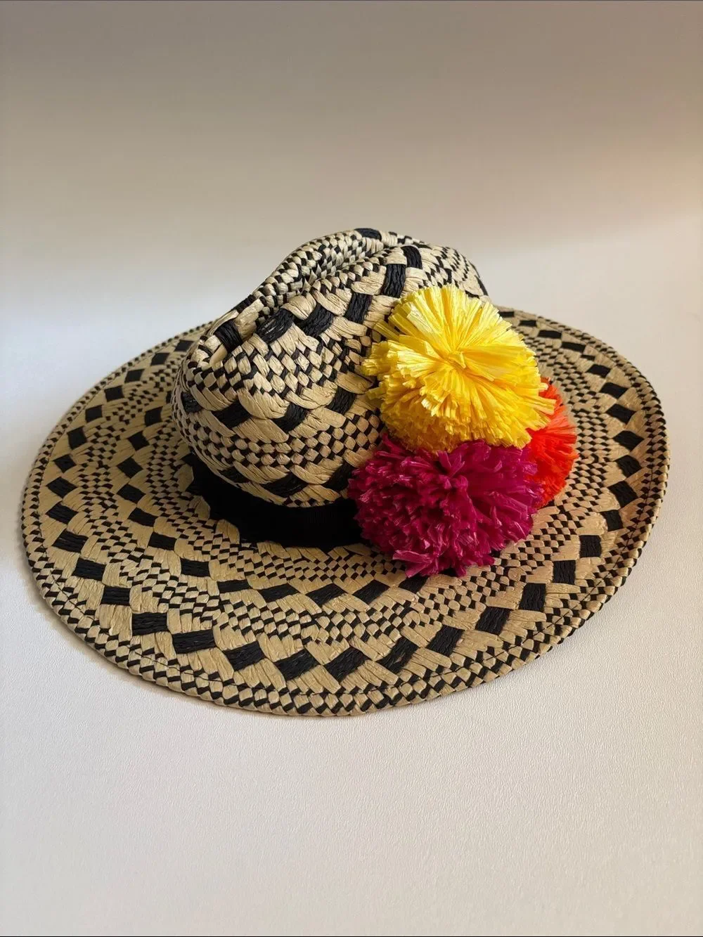 Vintage Helene Berman Resort Pom Pom Straw Hat ~ New With Tags ~ Made in Italy