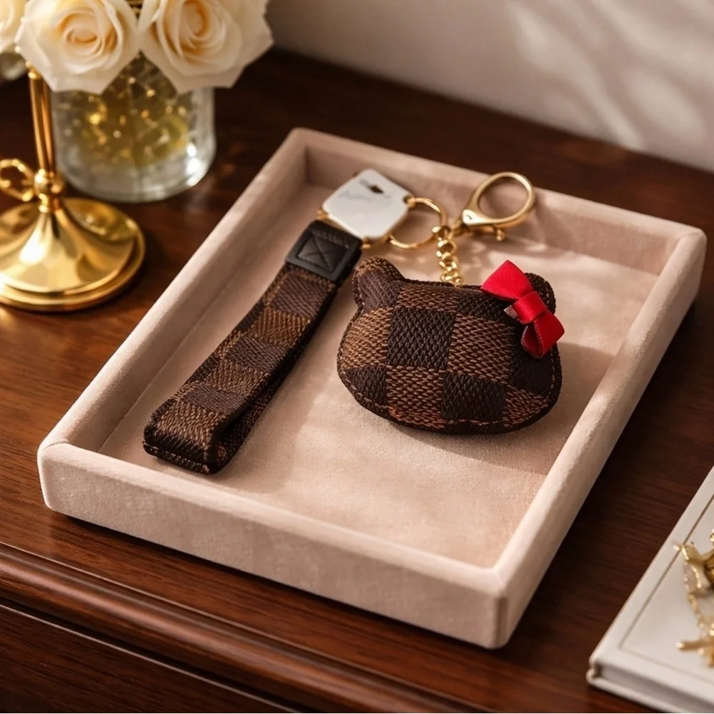 Brown Checkered Keychain Kitty Cat Red Bow Bag Charm New