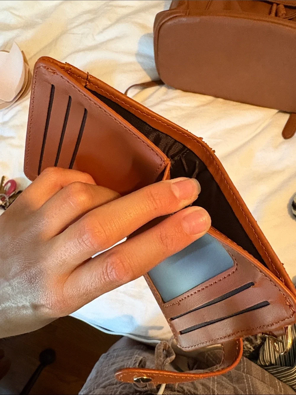 Women's Tan Faux Leather Card & Key Holder with Snap Strap