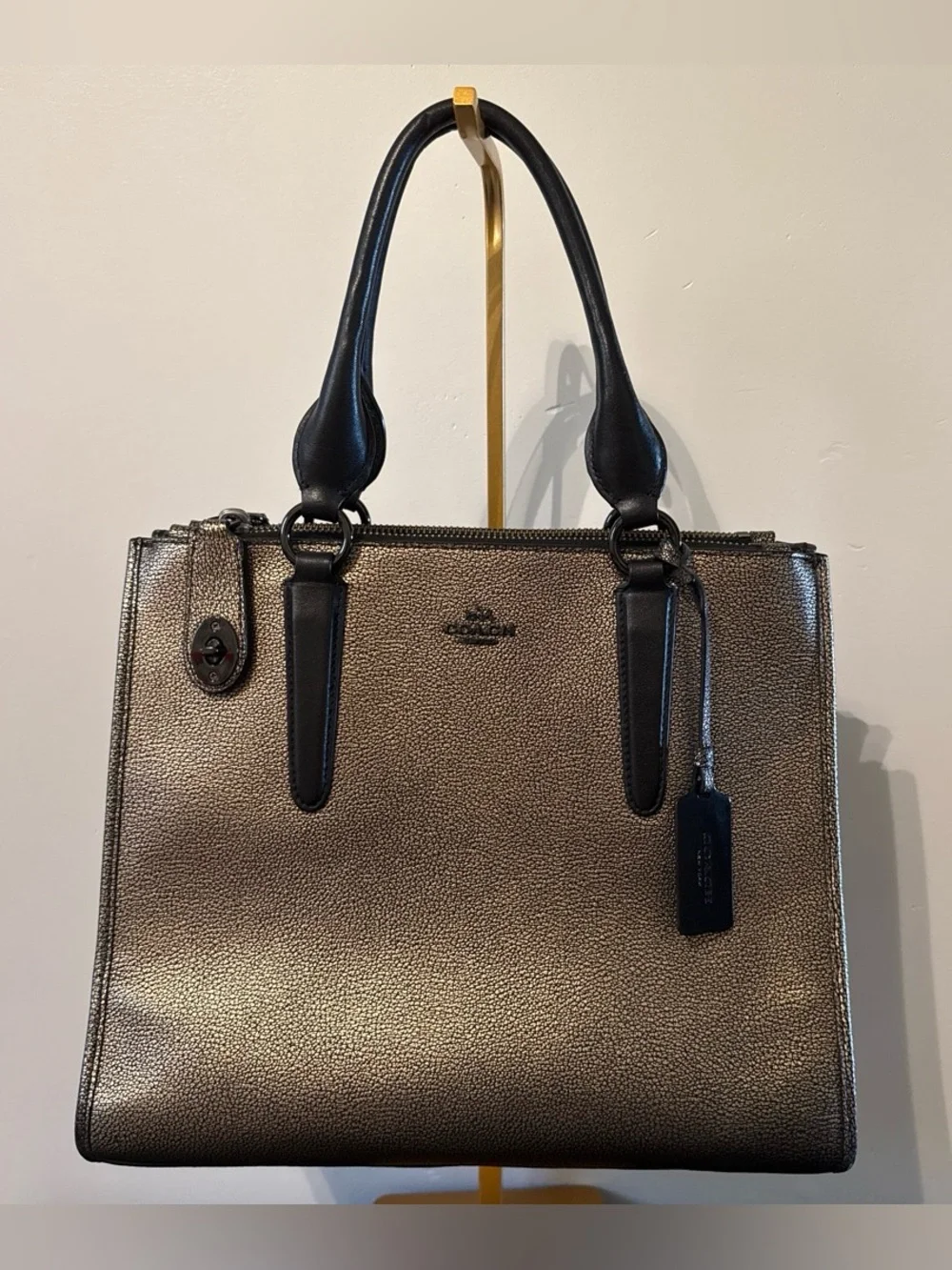 Coach Metallic Gold Pebbled Satchel with Black Trim