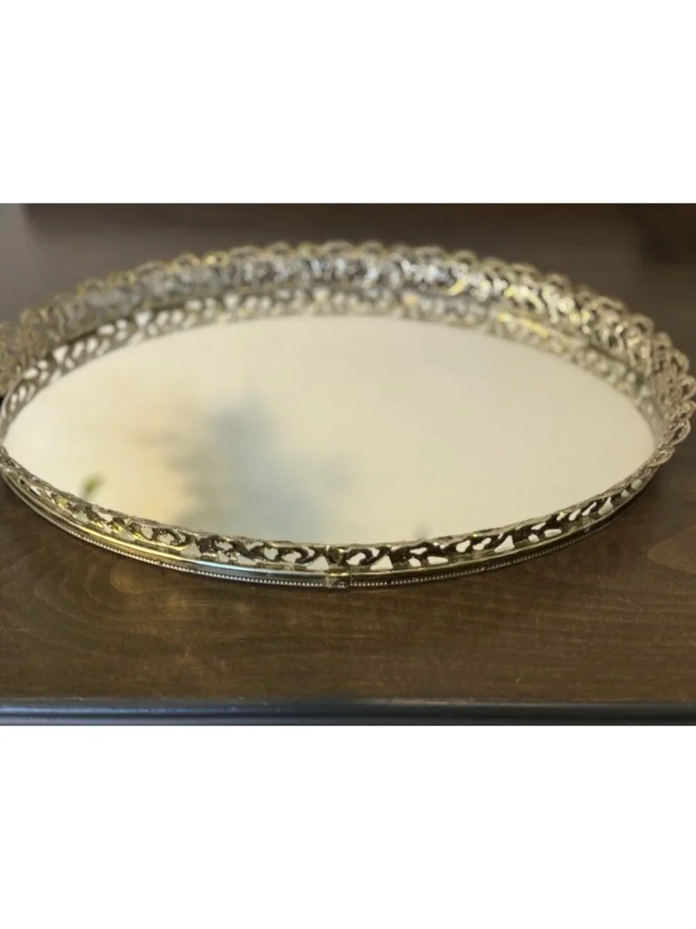 Vintage Oval Gold-tone Filigree Mirrored Vanity Tray Rose Boarder