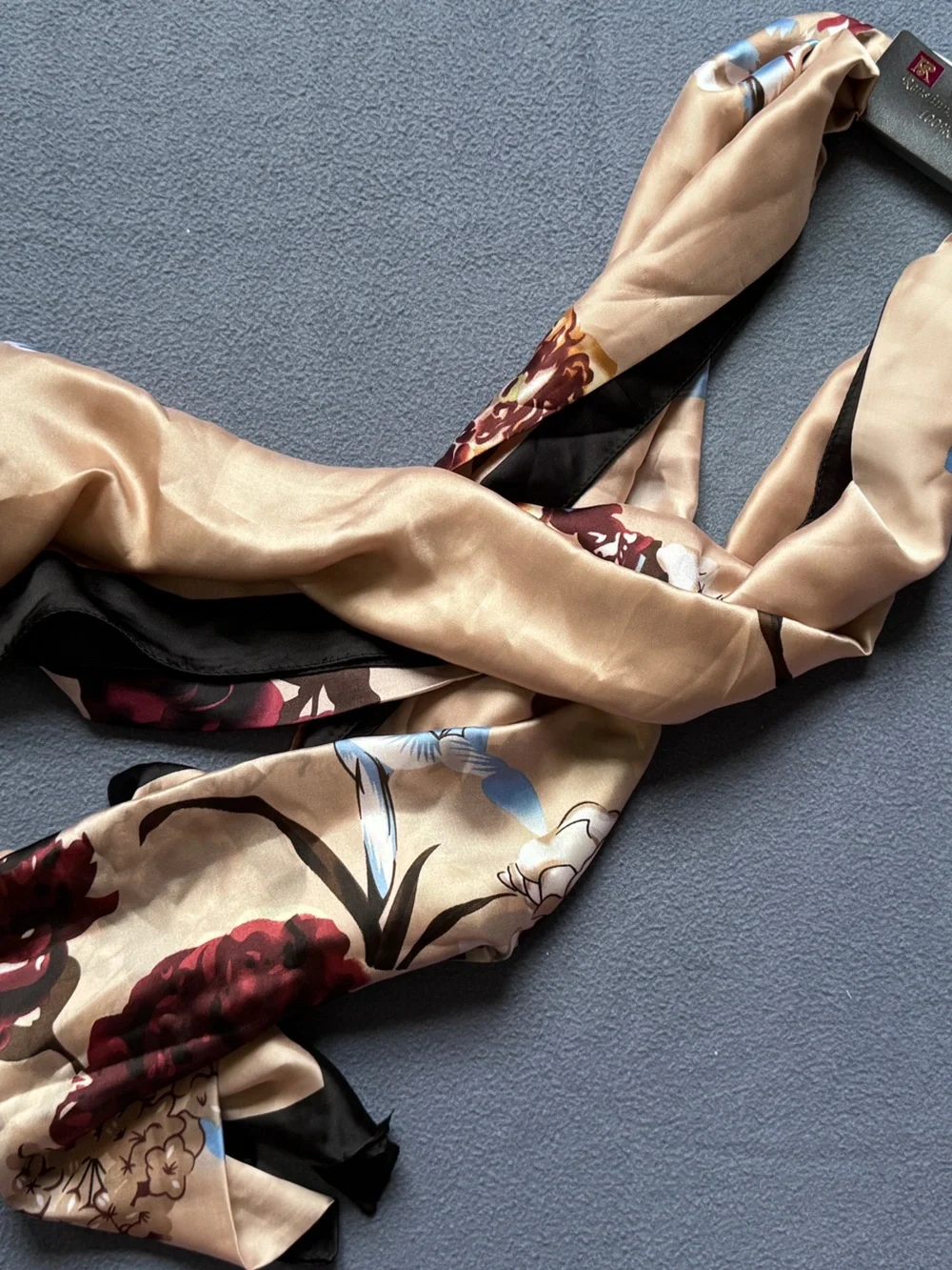 Silk Floral Scarf in Beige