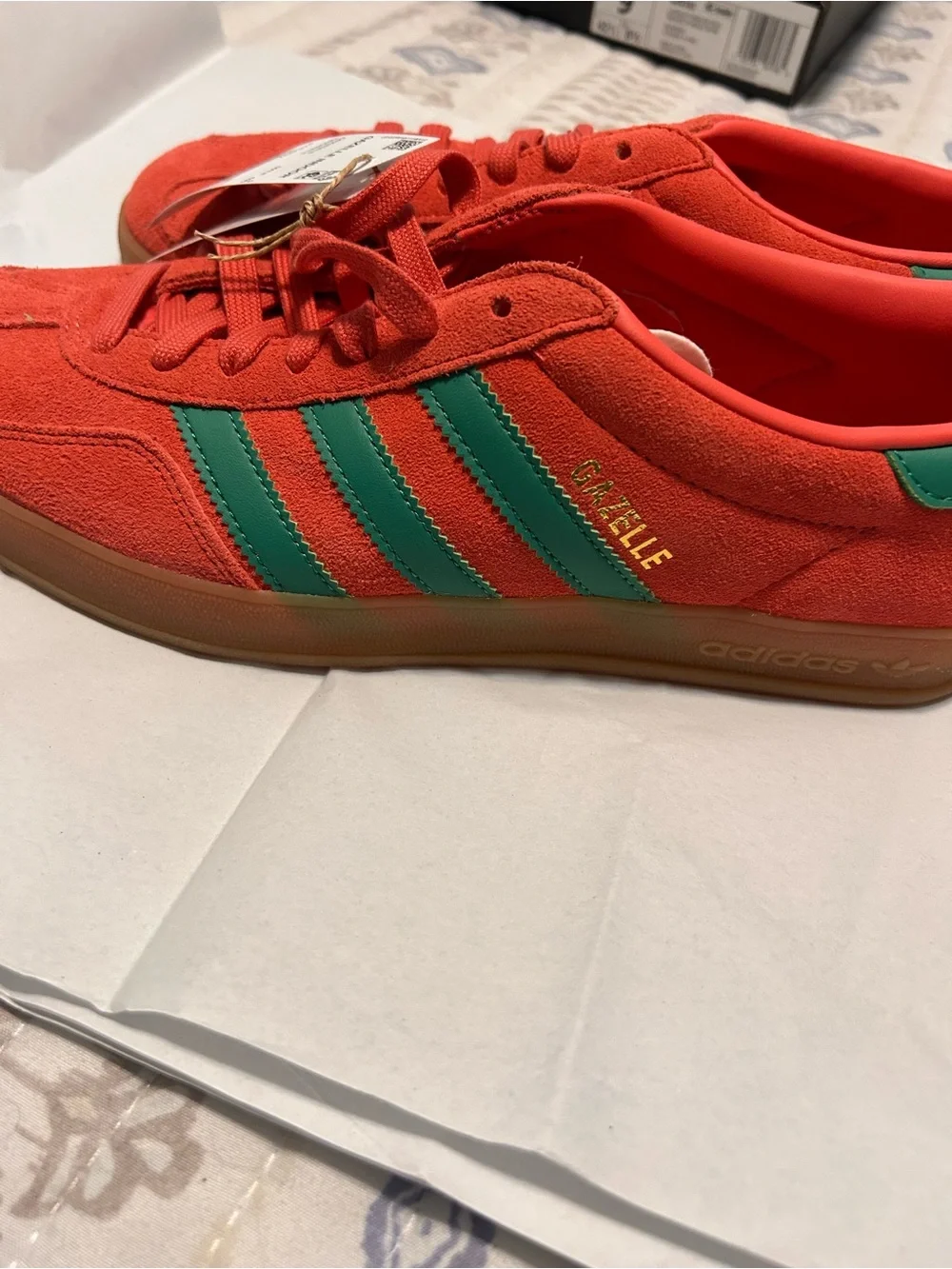 adidas Red Suede Gazelle Indoor Sneakers with Green Stripes