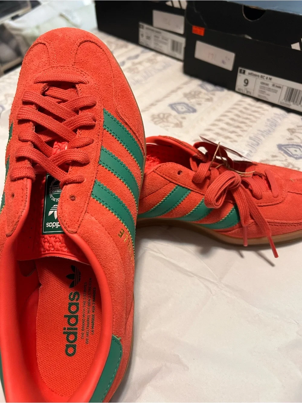 adidas Red Suede Gazelle Indoor Sneakers with Green Stripes