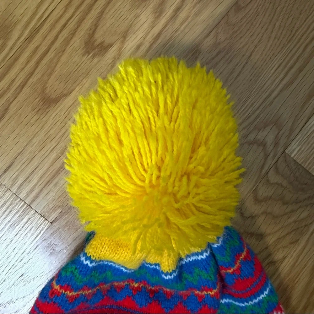 Vintage Beanie Pom Pom Knit Winter Hat Colorful Yellow Adult One Size