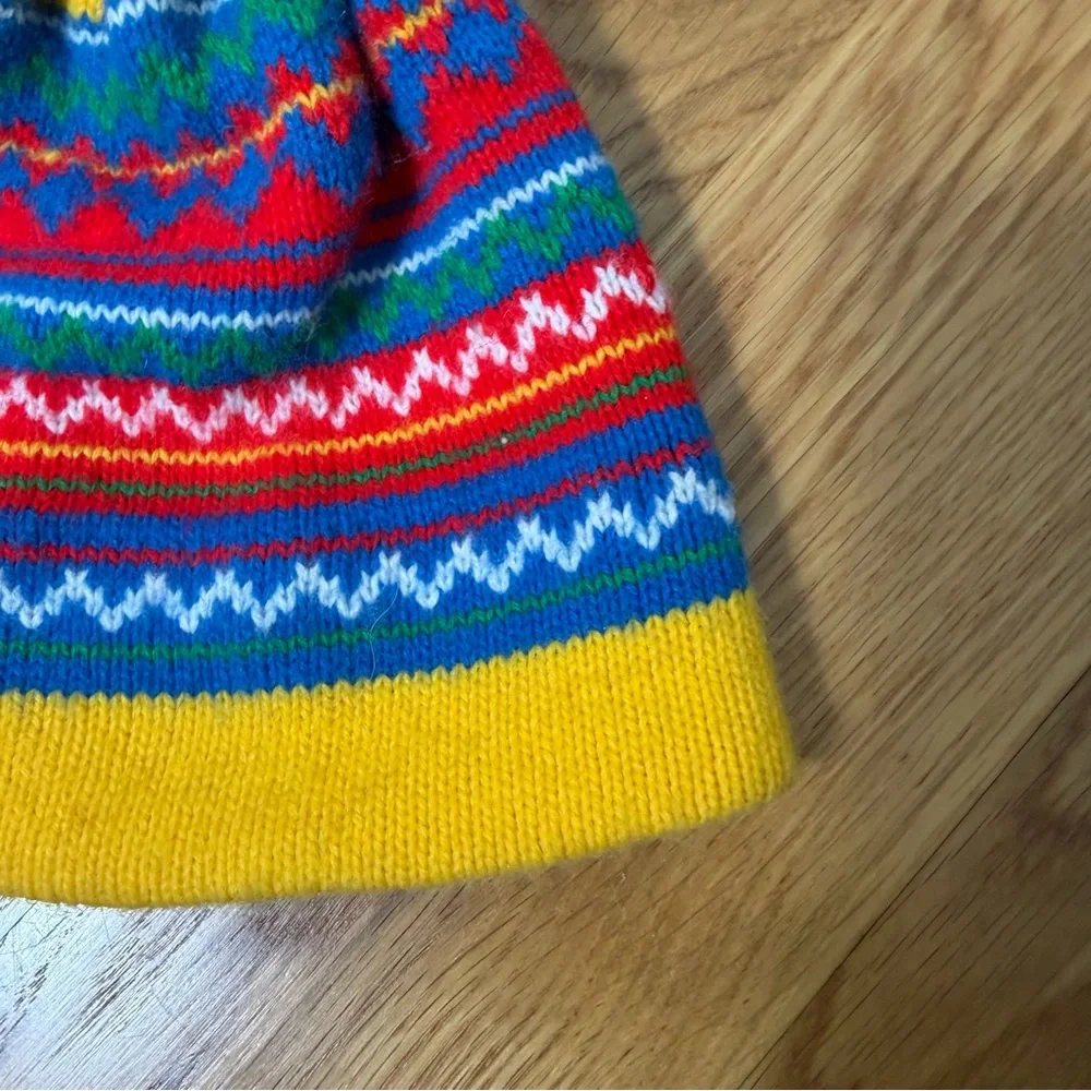 Vintage Beanie Pom Pom Knit Winter Hat Colorful Yellow Adult One Size