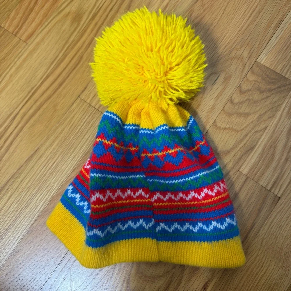 Vintage Beanie Pom Pom Knit Winter Hat Colorful Yellow Adult One Size