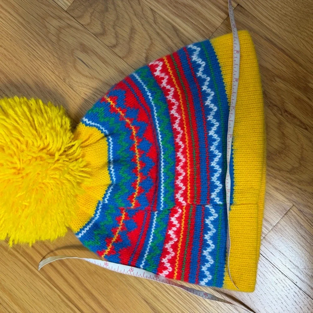 Vintage Beanie Pom Pom Knit Winter Hat Colorful Yellow Adult One Size