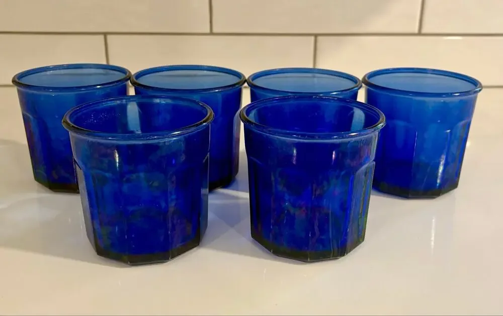 Set of 6 Vintage 500 Cobalt Blue Iridescent Glasses Tumblers made in France