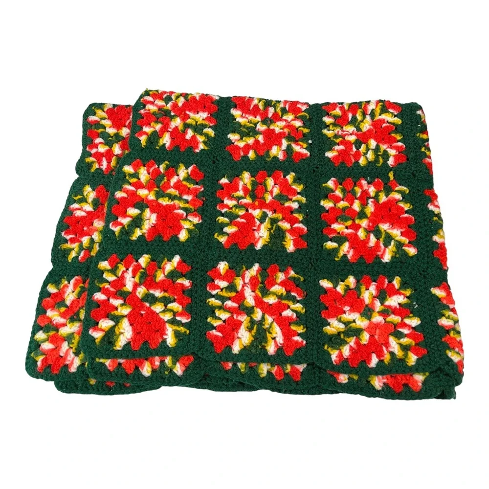 76x38 Green Red Crochet Granny Square Afghan Blanket Vintage Cottagecore Retro