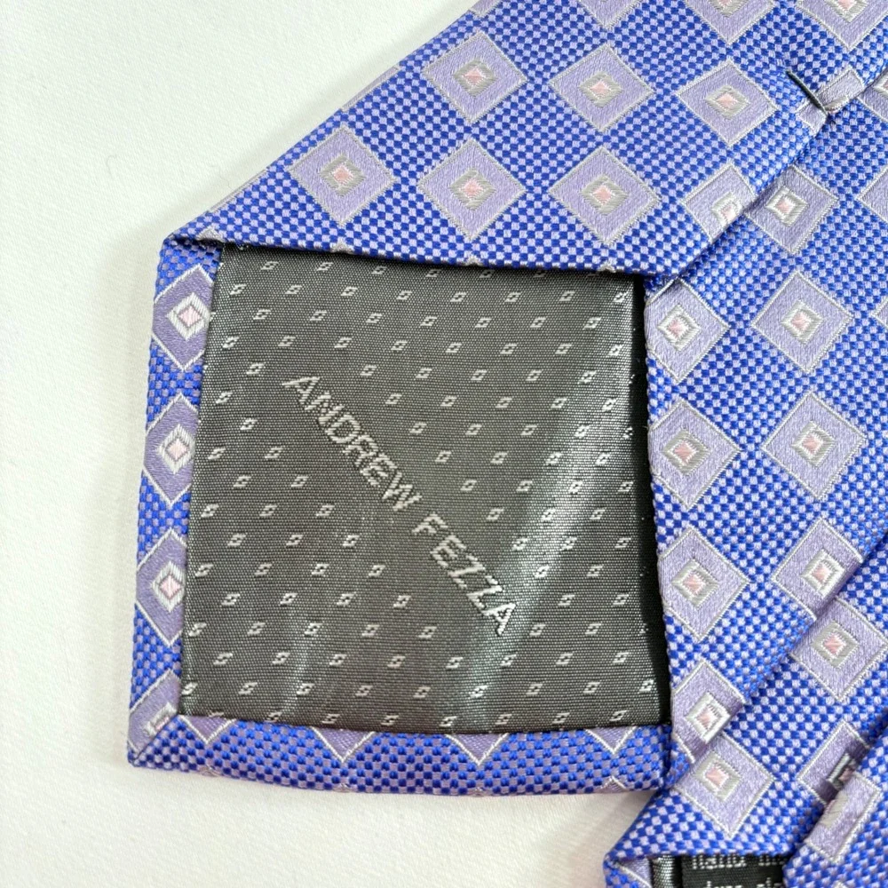 Andrew Fezza Tie Blue Purple Geometric Silk Stain Resistant Handmade 1877