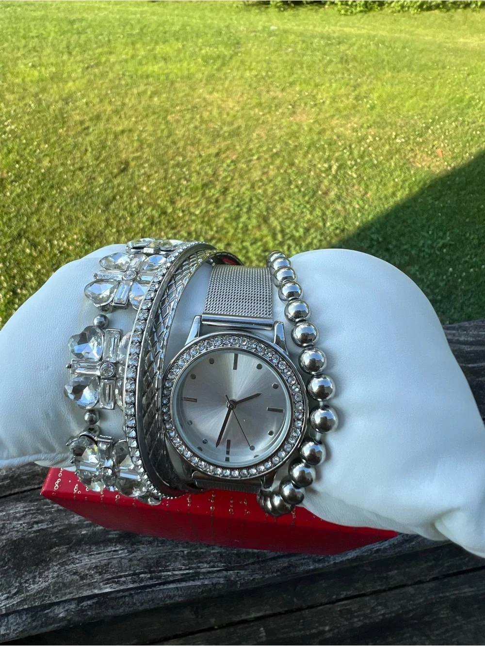 Silver-Tone Crystal Accent Watch and Bracelet Stack - Women