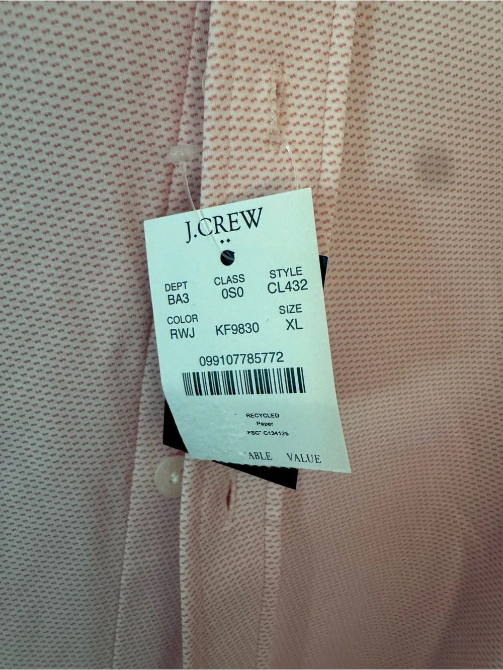 J. Crew Men's Light Pink Pattern performance fabric Dress Shirt