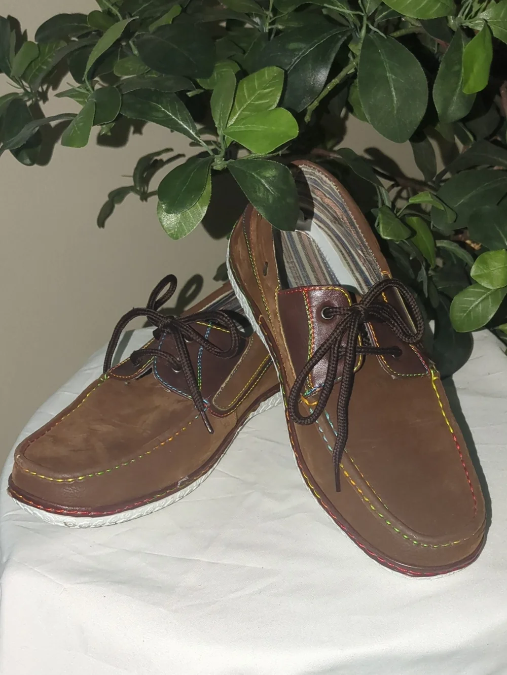 J's Awake Brown Leather Boat Shoes with Multicolor Stitching