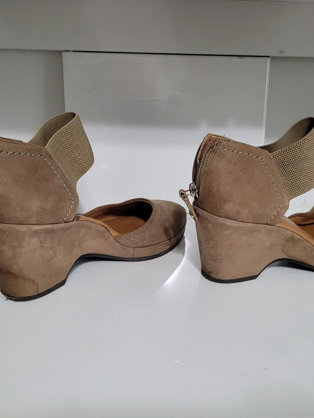 Nurture Taupe Faux Suede Wedge with Wide Elastic Ankle Strap