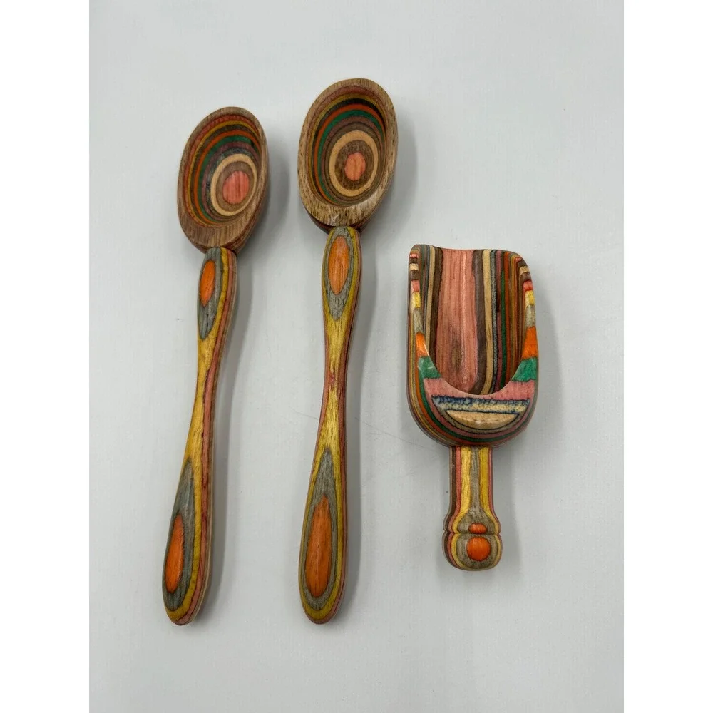 Handcrafted Multi-Color Laminated Wood Spoon and Scoop Set 3pc Artisan Utensil