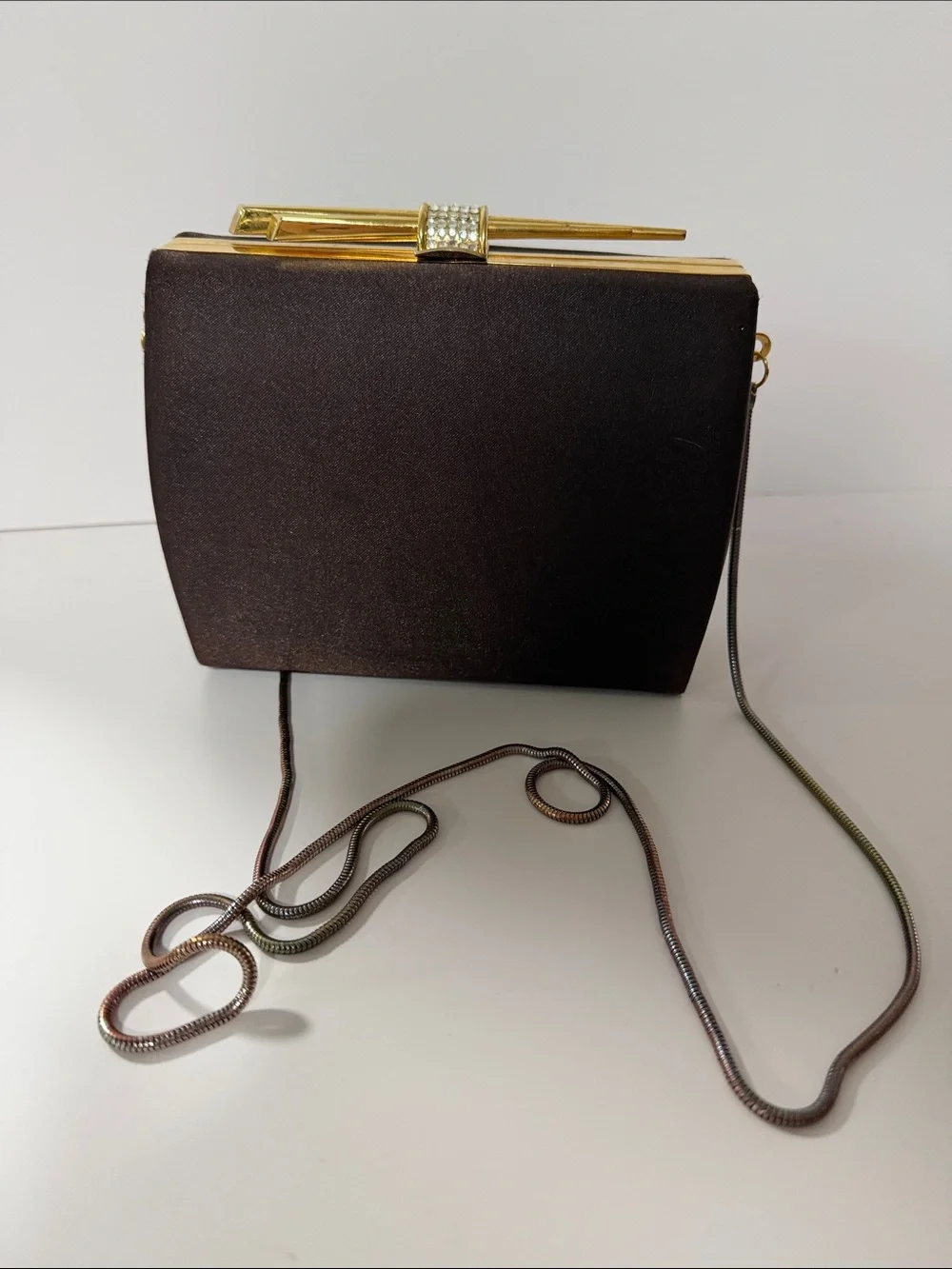 Vintage Stratton Satin Evening Clutch in Dark Brown with Gold Accent