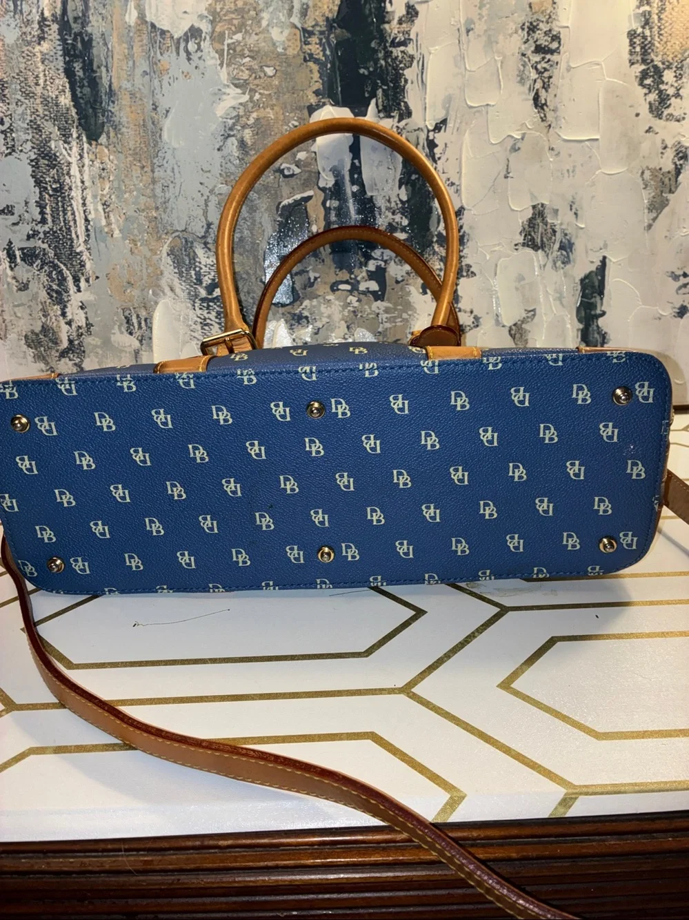 EUC Vintage Dooney and Bourke Blue Monogram Satchel with Tan Trim