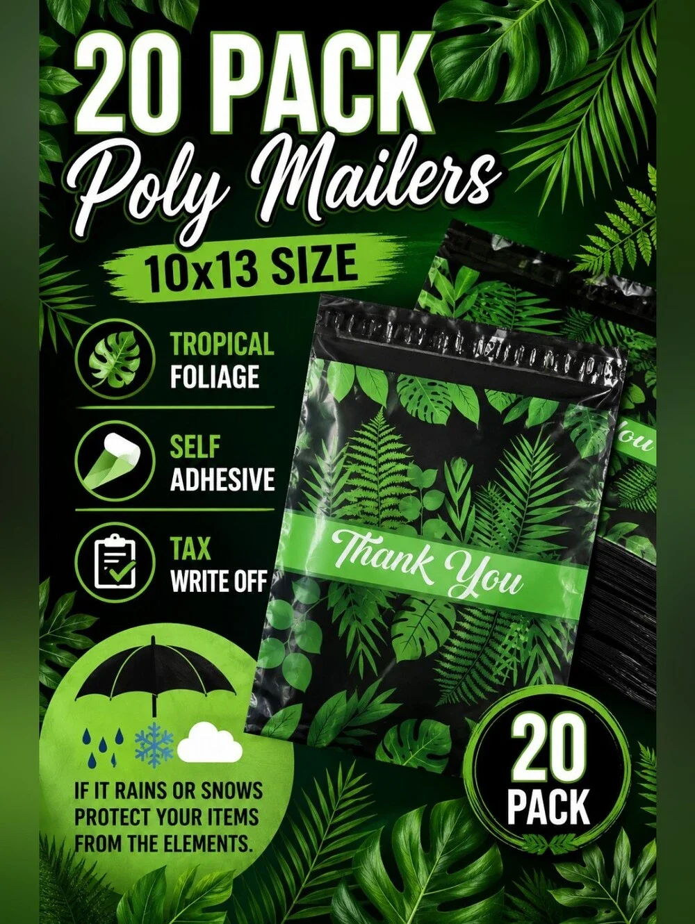 🌞20 Pack - 10x13 Tropical Foliage Poly Mailers