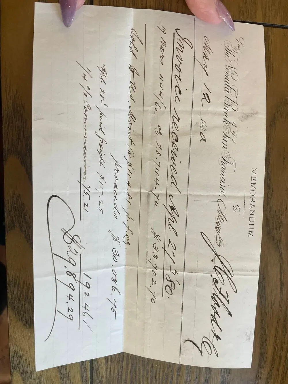 1884 Nevada Bank San Francisco Bullion Memorandum Gold Silver Mining Vintage