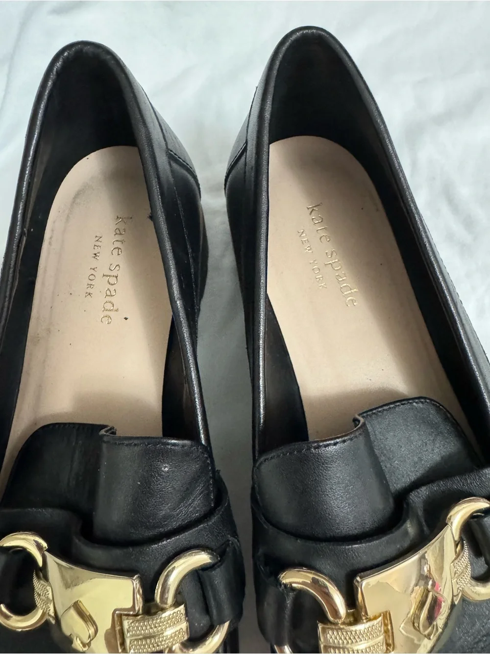 kate spade Black Leather Loafers with Gold Chain Hardware