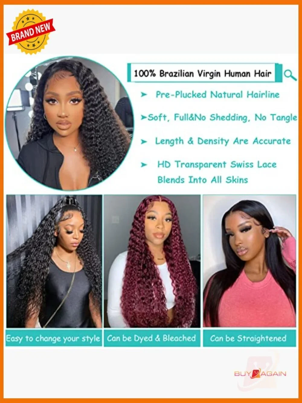 200% Density Deep Wave Lace Front Wig Human Hair Glueless Pre Plucked